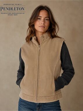 Pendleton Faux Shearling Zip Vest Tan Beige Size Small Cozy Western Ranch